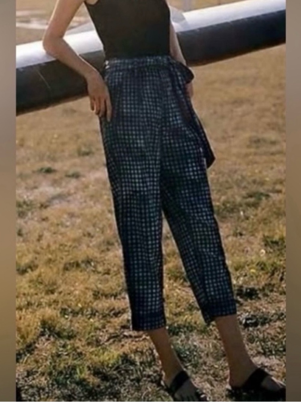 Anthropologie Blue Checked Paperbag Pants